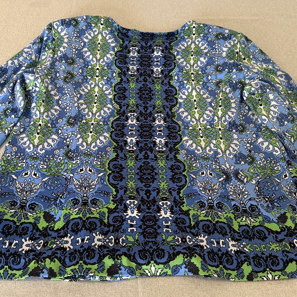 Joan Rivers Vintage Scroll Jersey Knit Blue and Green Floral Jacket SZM. - Picture 13 of 14